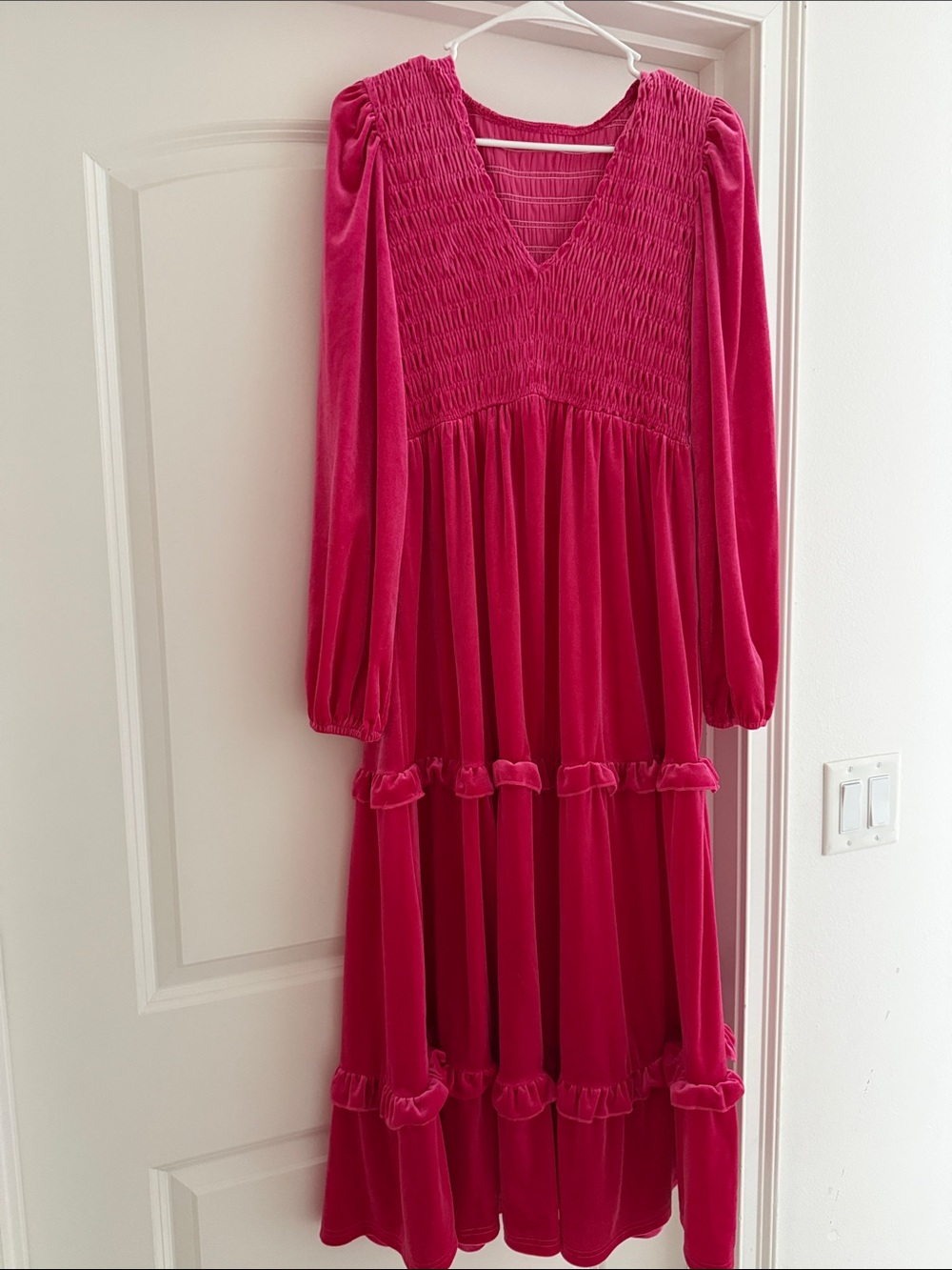 Girls' Fuchsia Smocked Velvet Long Sleeve Dress
